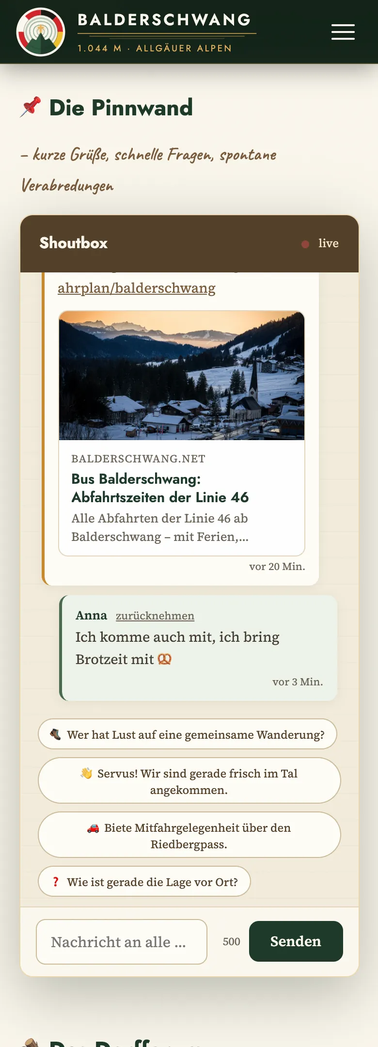 Die Shoutbox auf dem Handy: Nachrichten mit Namen, eine Linkvorschau zum Busfahrplan, darunter Vorschläge und das Eingabefeld