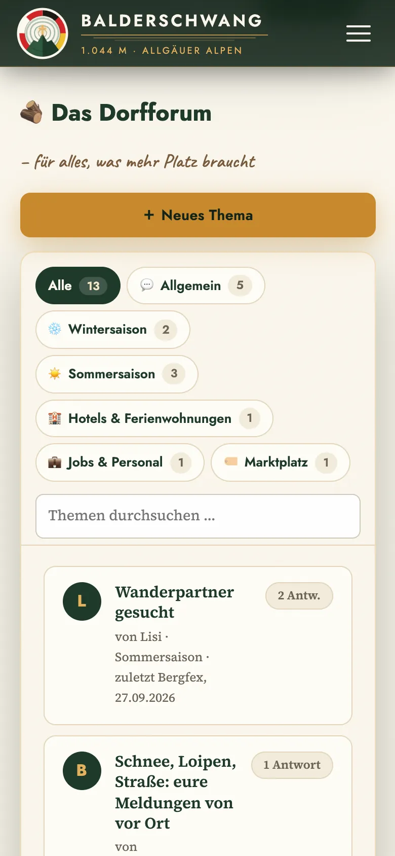 Das Dorfforum auf dem Handy: Knopf für ein neues Thema, die Themenbereiche als Kacheln, eine Suche und die Liste der Themen
