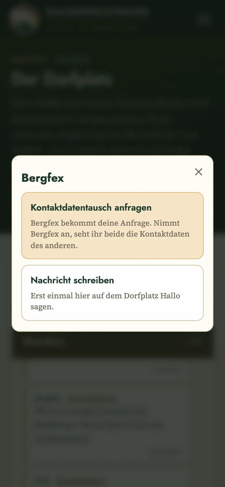 Das Menü nach einem Tipp auf Kontaktdaten: Kontaktdatentausch anfragen oder Nachricht schreiben