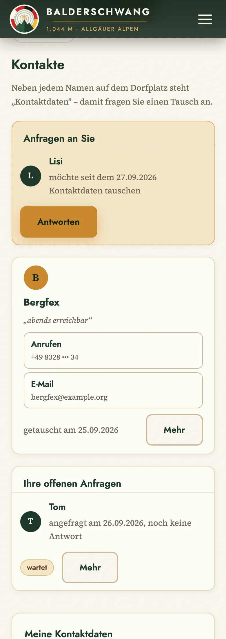 Mein Bereich, Abschnitt Kontakte: eine offene Anfrage, ein bestätigter Kontakt mit Kontaktdaten und eine eigene offene Anfrage