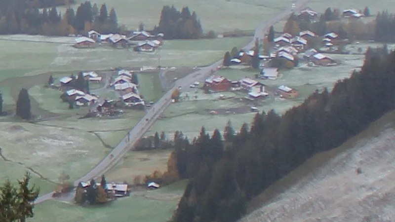 Derselbe Webcam-Ausschnitt am Morgen danach: Raureif auf den Wiesen, an der Stelle des Hauses eine dunkle Ruine ohne Dach