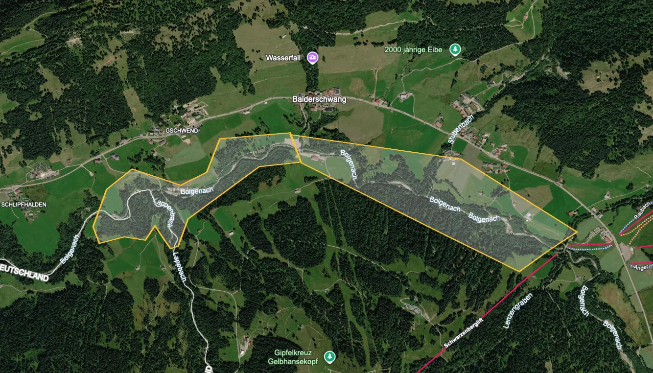 Luftbildkarte von Balderschwang mit gelb markiertem Abschnitt der Bolgenach zwischen Gschwend und dem Talausgang