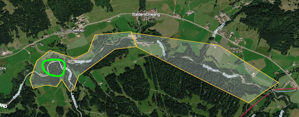Luftbildkarte des Bolgenach-Abschnitts; ein grüner Kreis markiert die Stelle mit den in den Hang gearbeiteten Plattformen